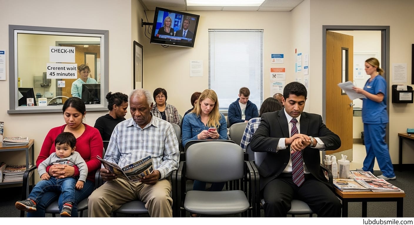 Diverse patients in crowded traditional primary care waiting room showing structural access friction in concierge medicine vs traditional comparison