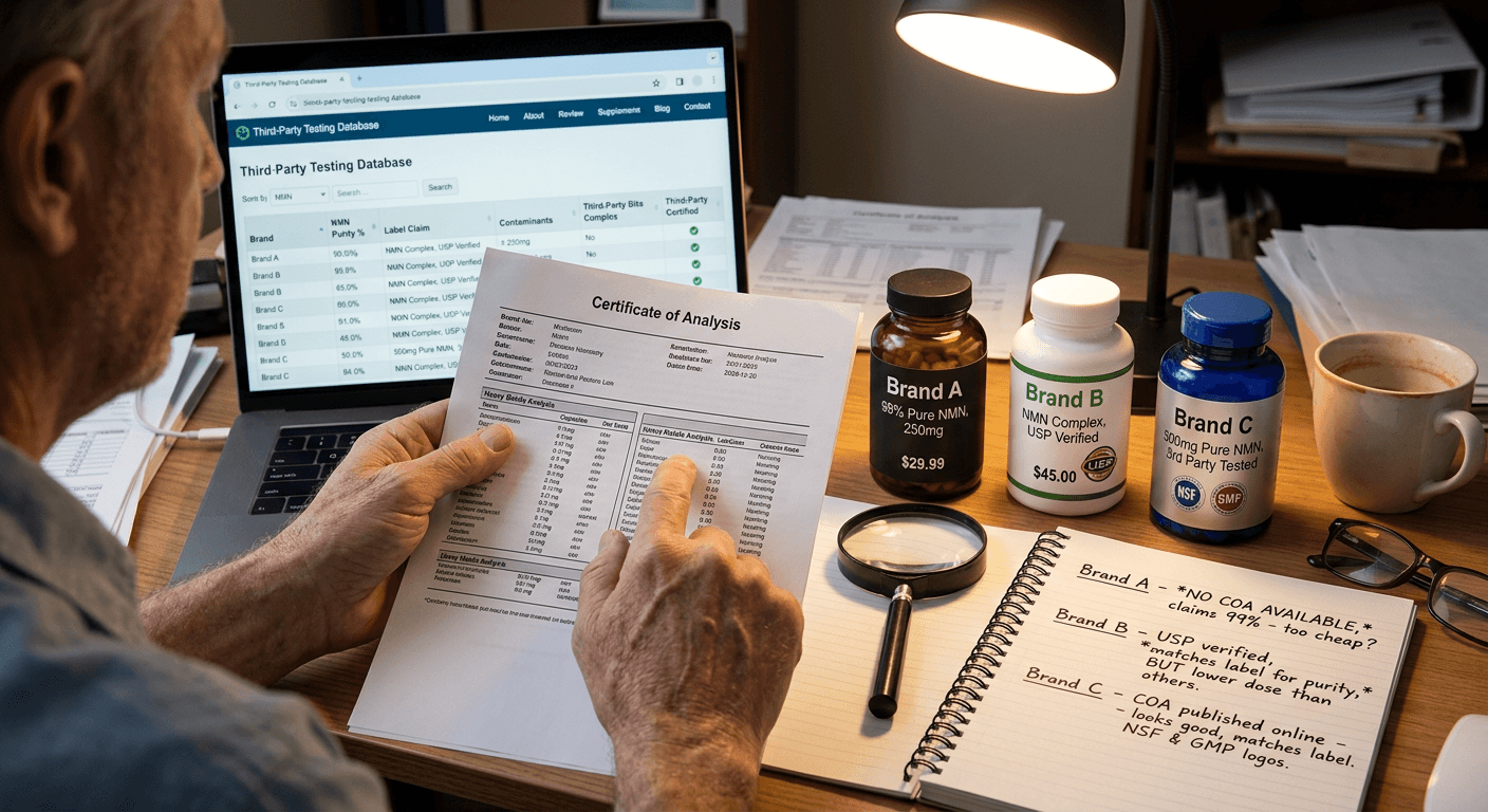 Hands reviewing Certificate of Analysis comparing three NMN brands showing quality verification burden multiplied across supplement stacking regimens