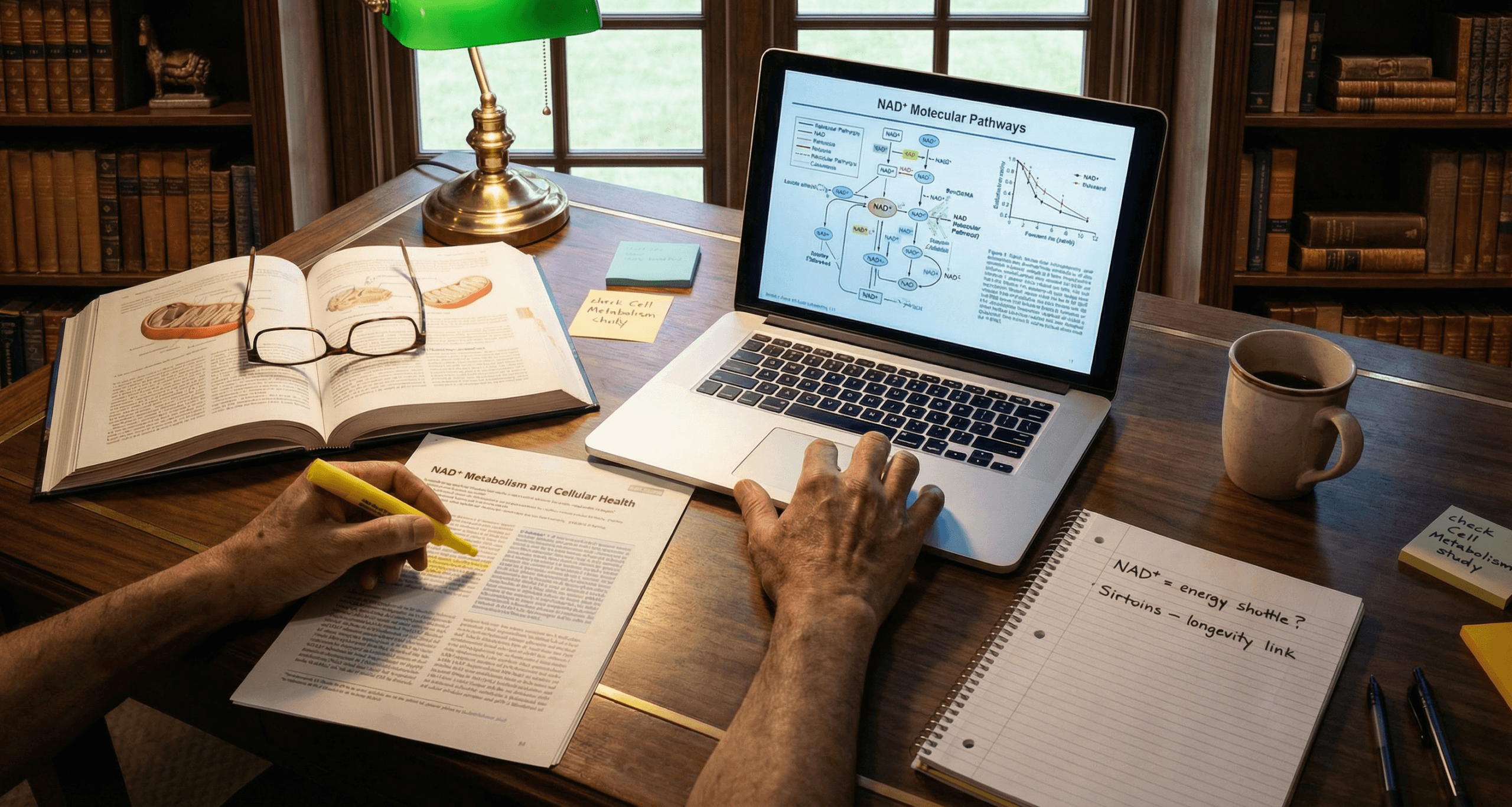 Hands highlighting NAD+ research article with laptop showing molecular pathways illustrating investigation into cellular health after 40 mechanisms