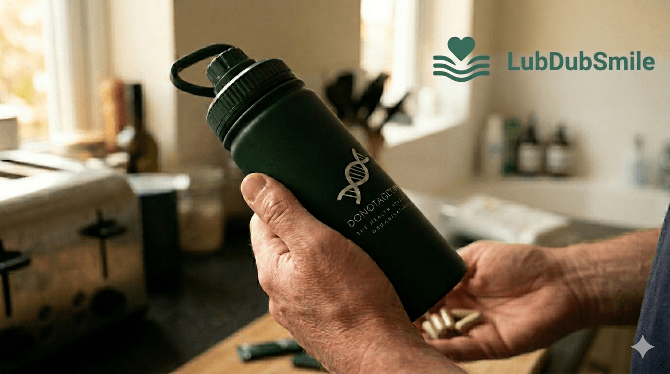 Age-appropriate hand holding DoNotAge All-In-One bottle showing real-world daily use context for this DoNotAge all-in-one review conclusion