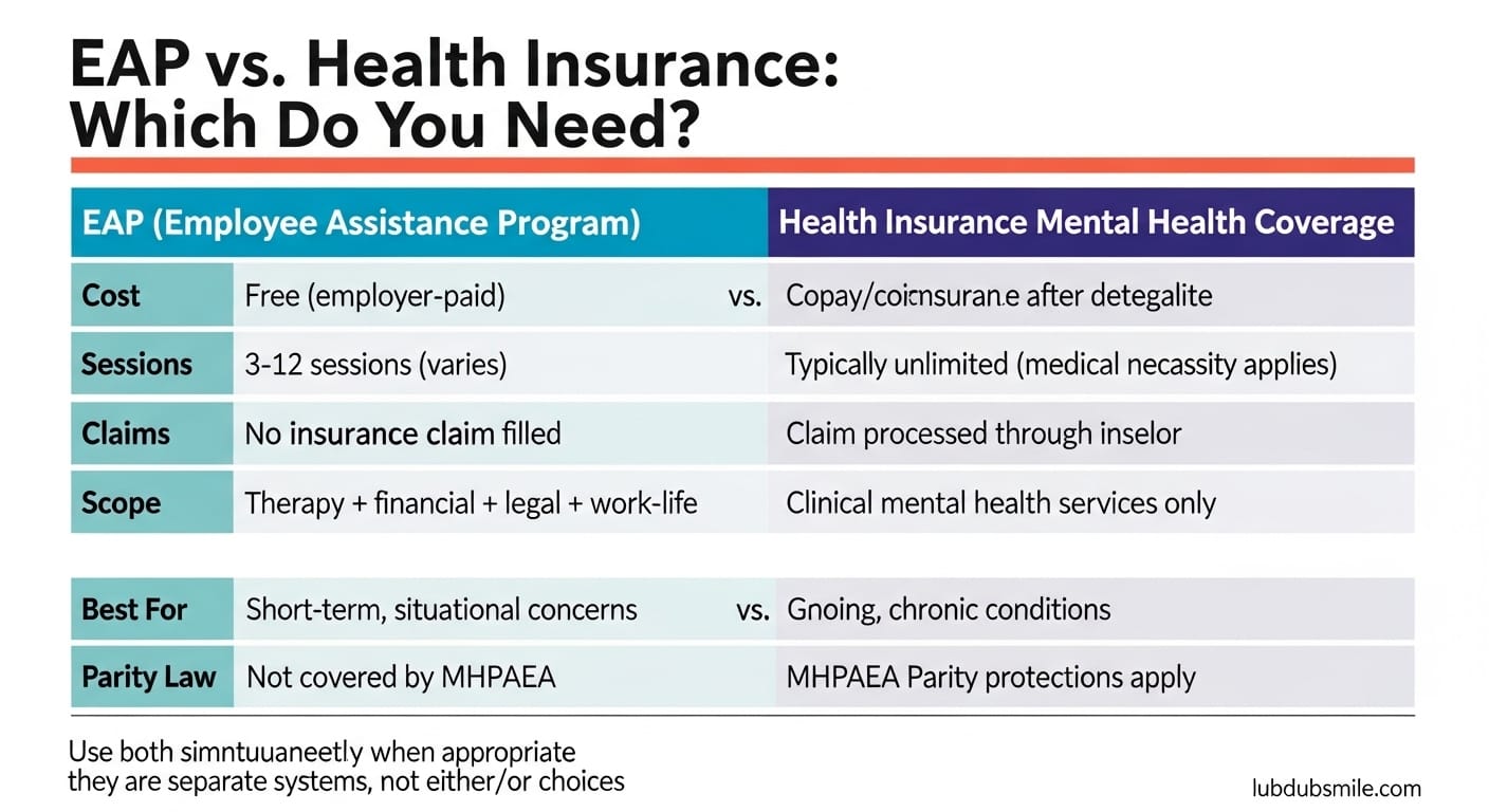 Two-column comparison table contrasting EAP and health insurance coverage for employee mental health benefits across cost, sessions, claims, and parity protections