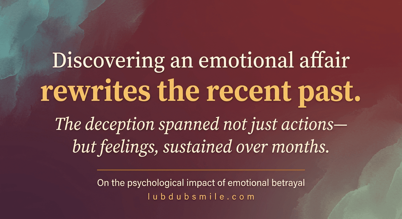 Pull quote card stating discovering an emotional affair rewrites the recent past capturing psychological devastation of emotional infidelity discovery