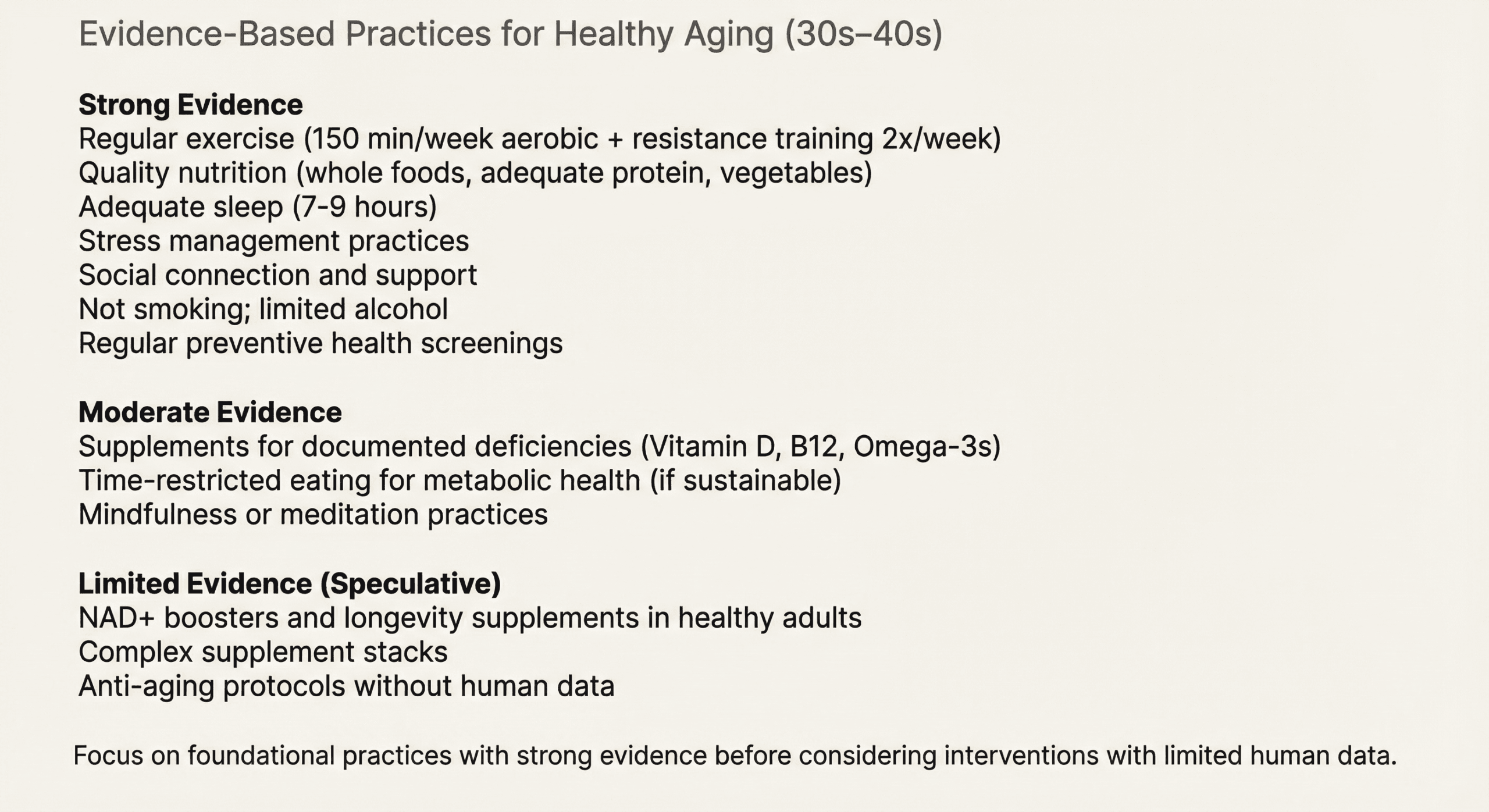 Three-tier framework showing strong, moderate, and limited evidence practices for healthy aging in your 30s ranked by research support