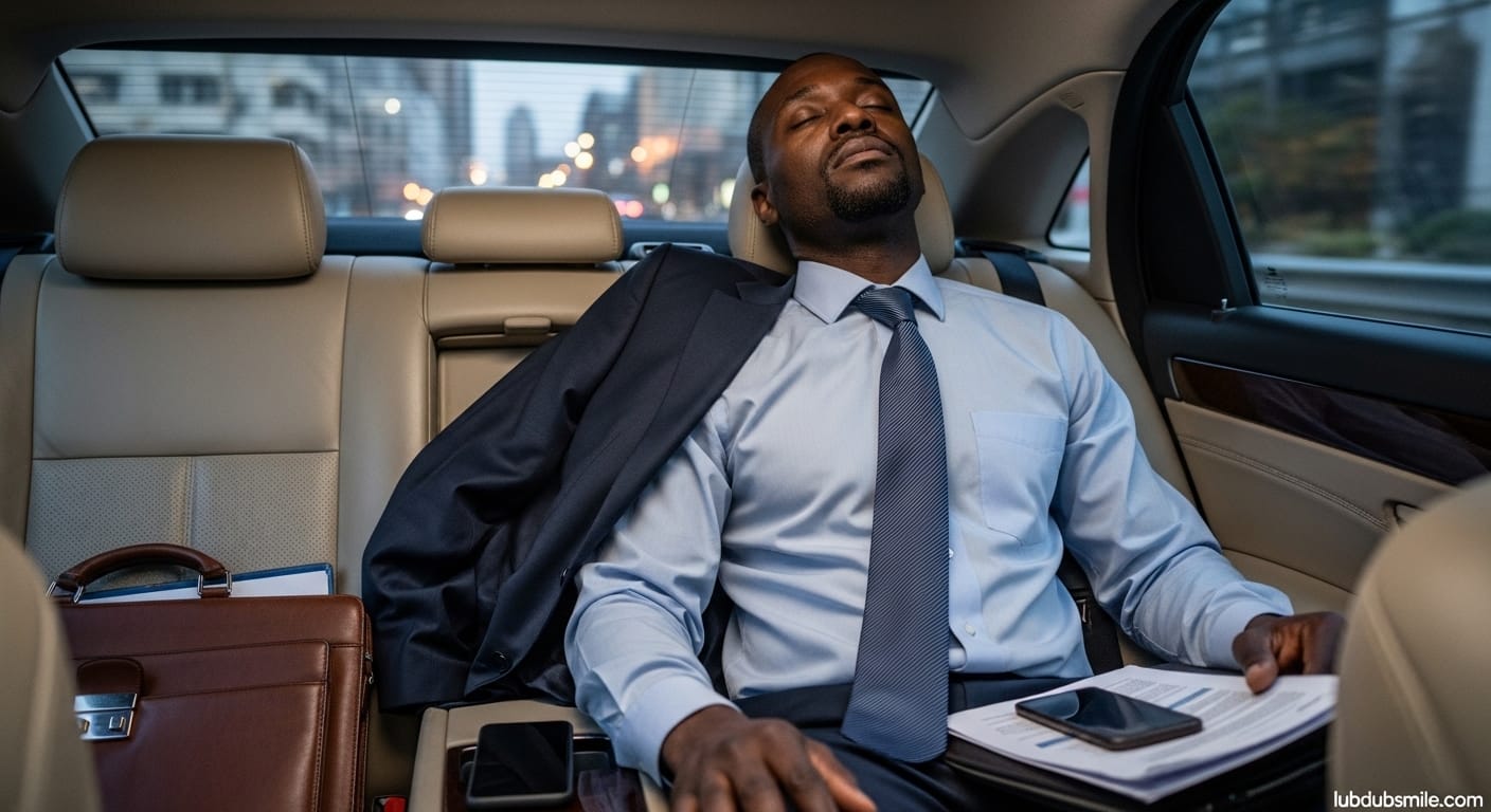Executive man in private car with eyes closed showing depletion addressed by executive therapy programs