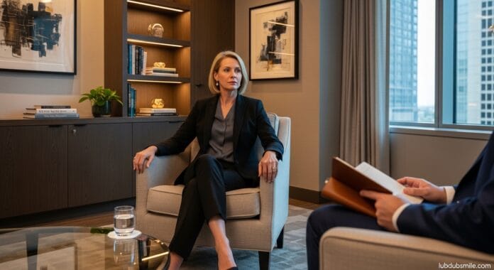 executive-therapy-suite-private-session-evening.jpg Professional woman in discreet private office therapy session illustrating executive therapy programs for high-level leaders