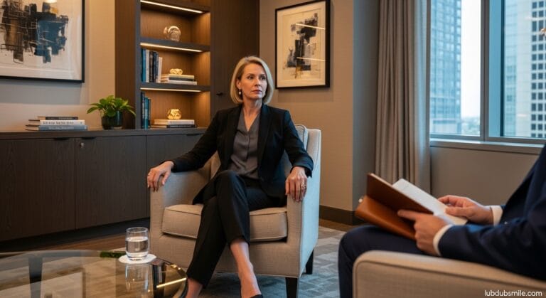 Professional woman in discreet private office therapy session illustrating executive therapy programs for high-level leaders