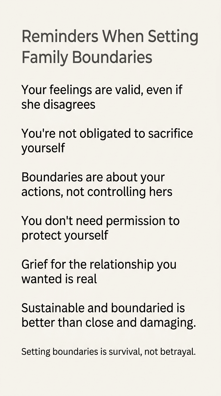List of validating reminders for people setting boundaries with my mother including permission statements and grief acknowledgment