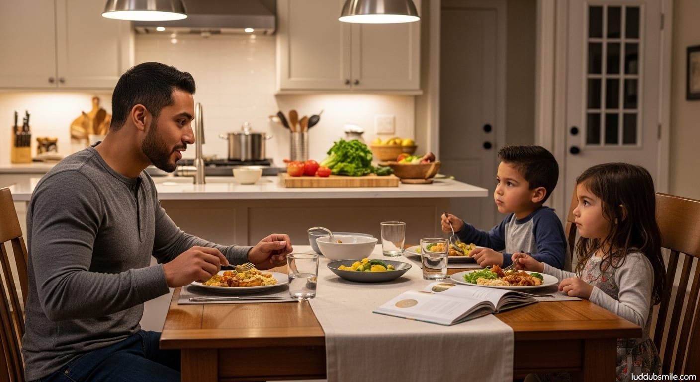 Latino father eating full dinner with children at family table showing parent meal anchoring as eating as self-care strategy