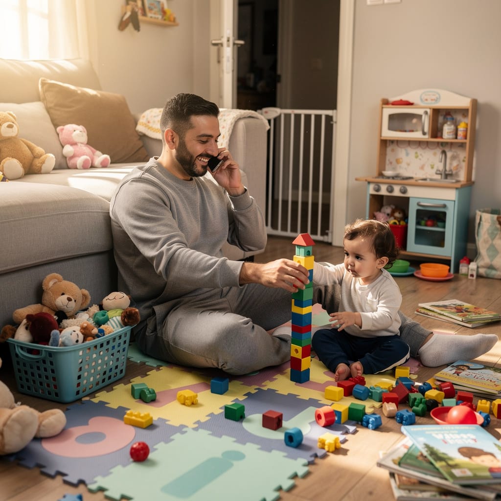Middle Eastern father on phone while playing with toddler showing multitasked social connection as self-care for parents reality