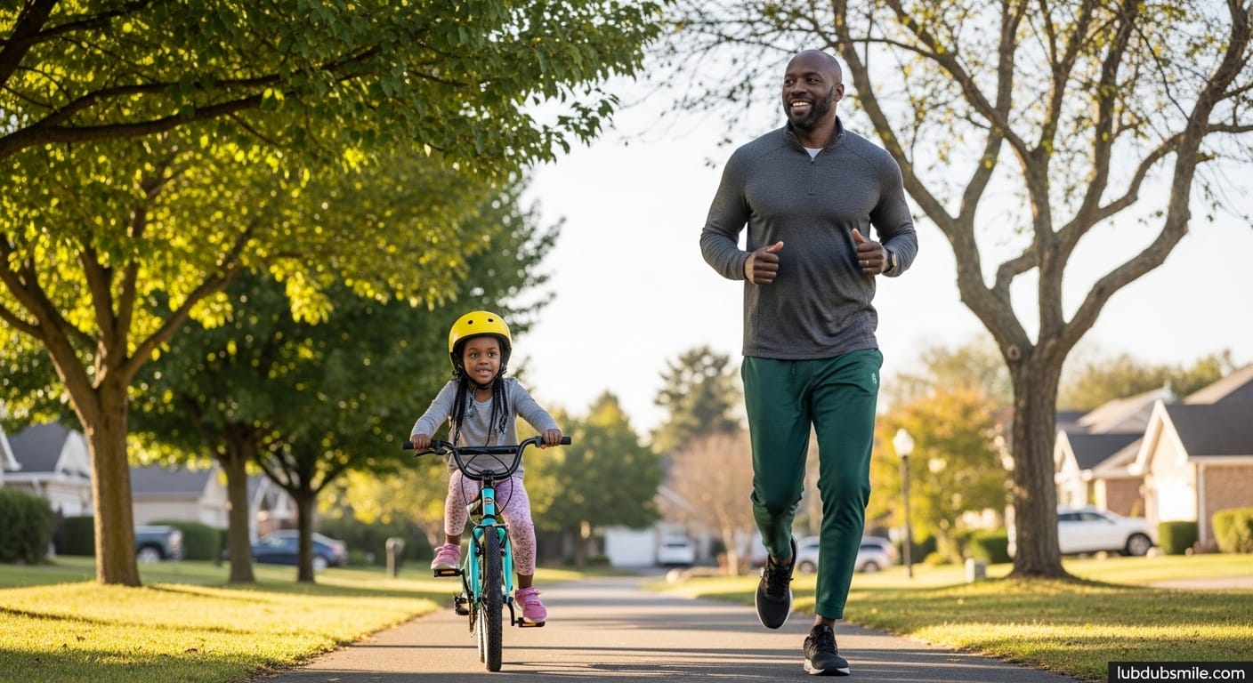 Black father running beside daughter on bicycle in morning showing dual-purpose parental self-care integrated with family connection