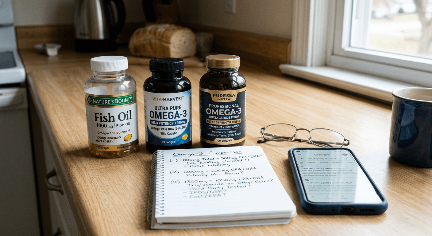 Three omega-3 supplement bottles on counter with handwritten comparison notes showing how to evaluate quality omega-3 supplements