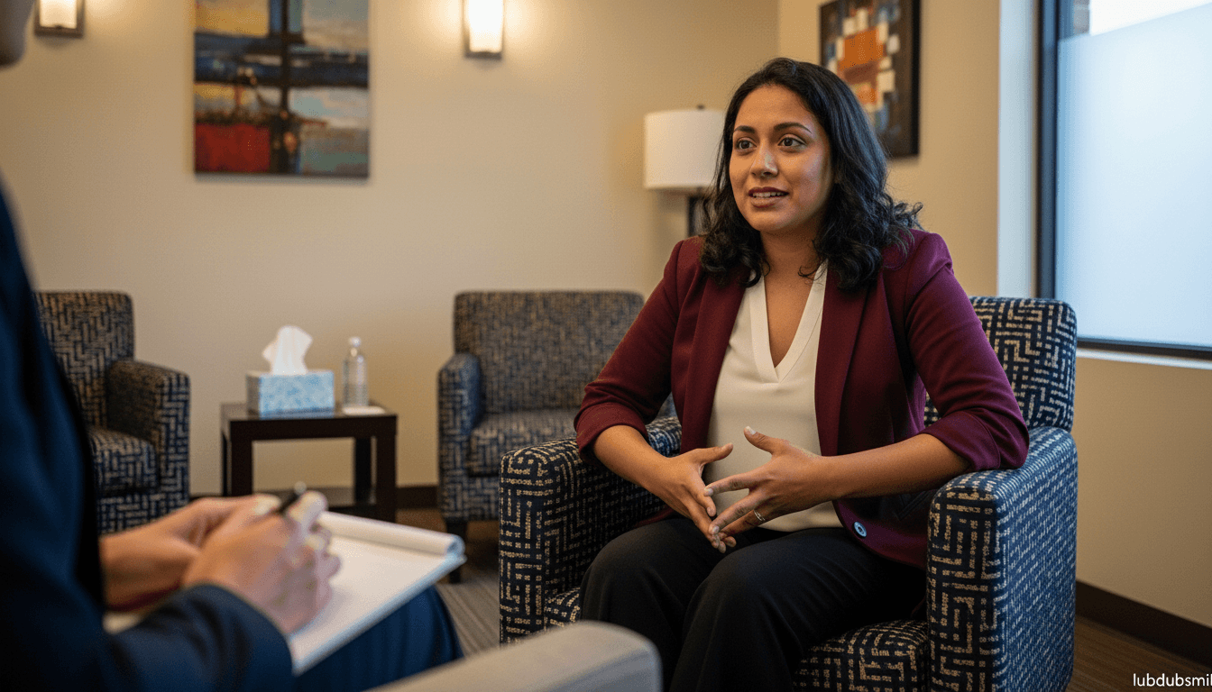 Latina woman in therapy session with open expression receiving professional support framing parental self-care as clinical priority not luxury