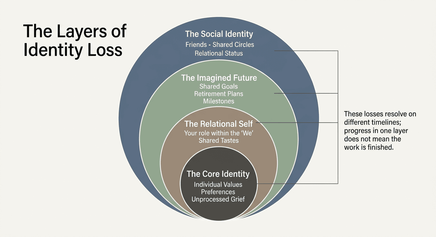 Concentric circle diagram showing four layers of identity loss from social identity to core self relevant to rebuilding your sense of self after breakup