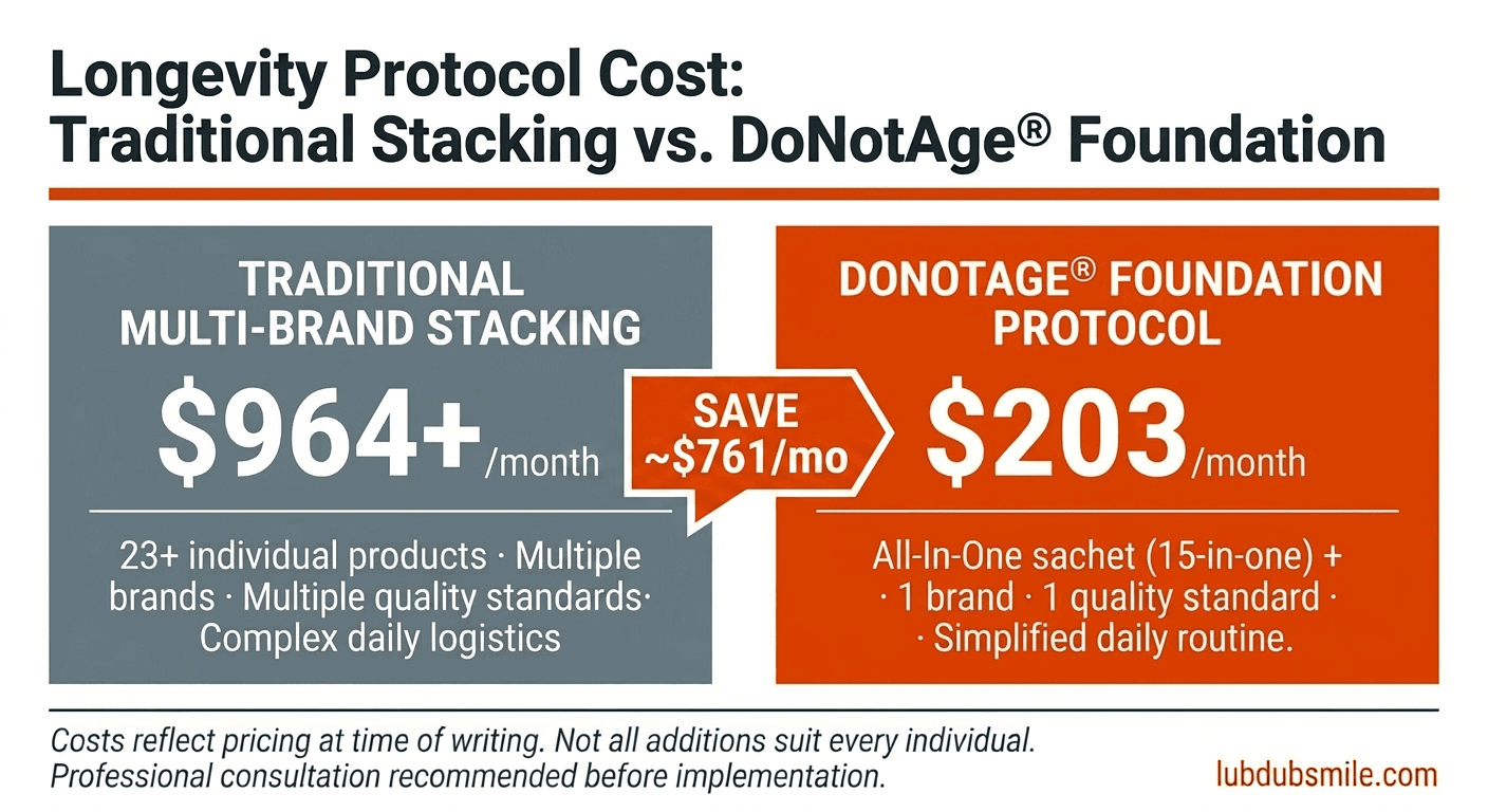 Cost comparison infographic contrasting traditional multi-brand stacking with streamlined longevity supplement protocol foundation