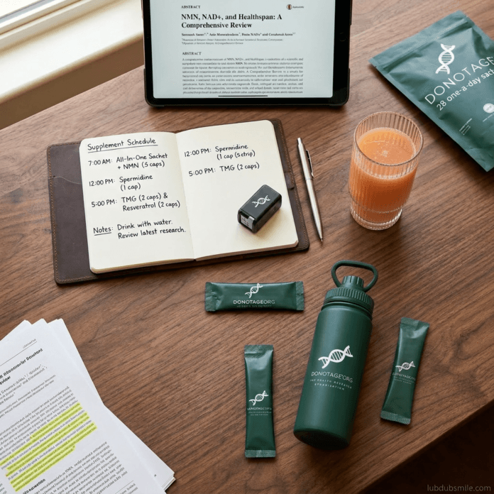 longevity-supplement-protocol-donotage-flatlay-organized.jpg Organized flatlay showing DoNotAge products and notebook outlining a structured longevity supplement protocol on walnut surface