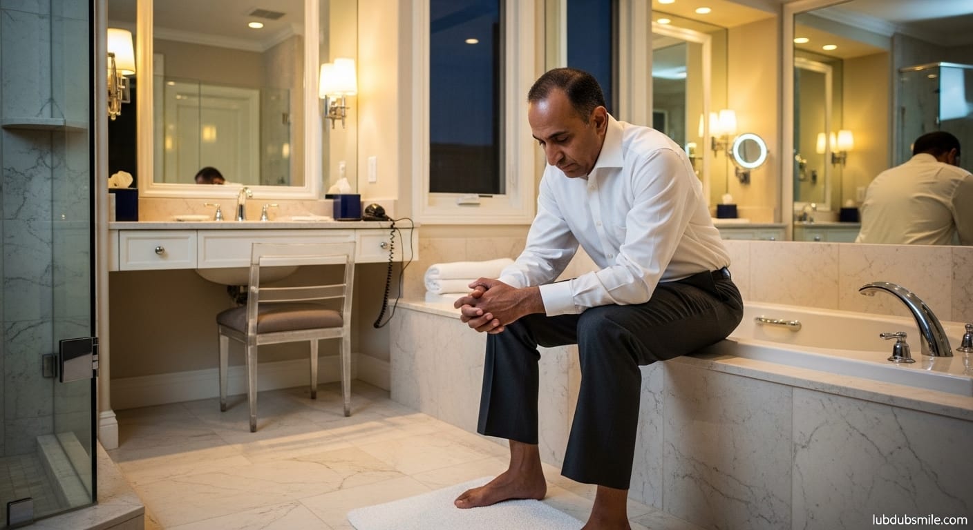 Middle Eastern man sitting on bathtub edge in evening clothes practicing deliberate stillness as part of high achievers emotional vulnerability work