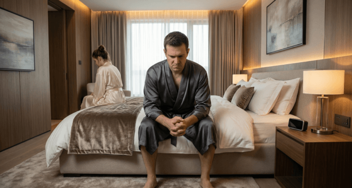 Man sitting on bed edge with clenched hands and tense posture showing internal struggle to stop defensive behavior during conflict