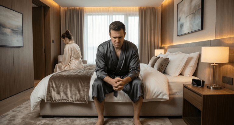 Man sitting on bed edge with clenched hands and tense posture showing internal struggle to stop defensive behavior during conflict