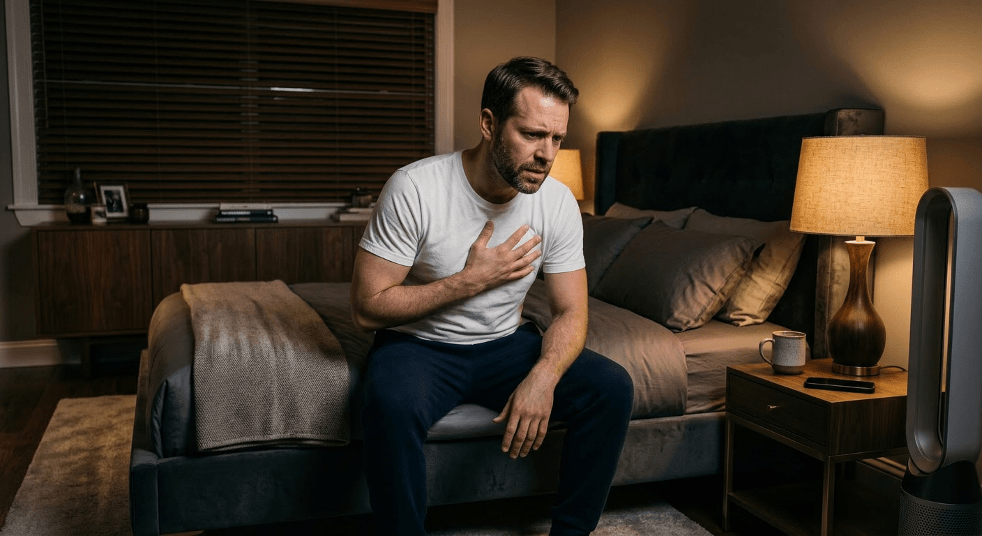 Black man hunched on bed edge pressing hand to chest with racing heart showing physical anxiety disrupting sleep hygiene for anxious adults