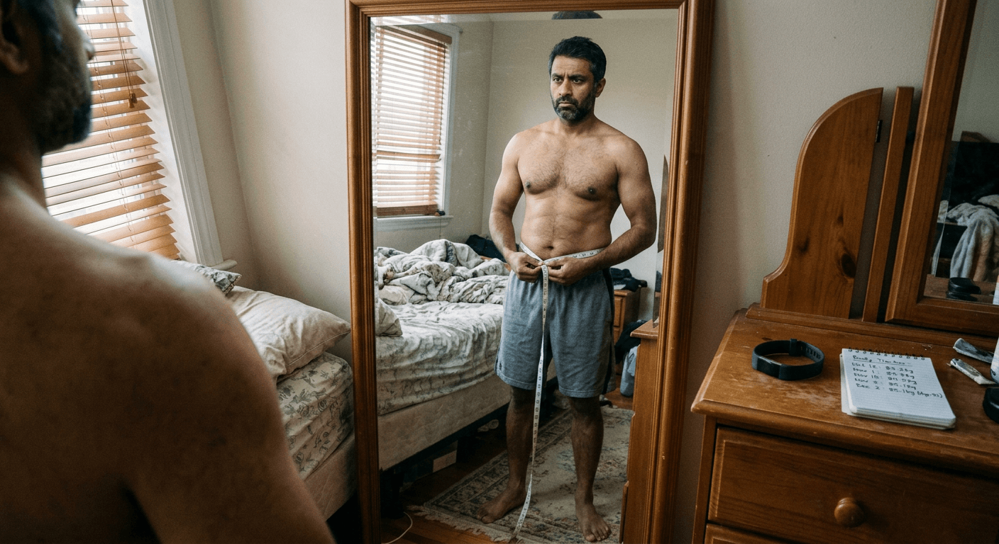 South Asian man measuring waist with honest recognition showing metabolic shifts requiring attention in healthy aging in your 30s approach
