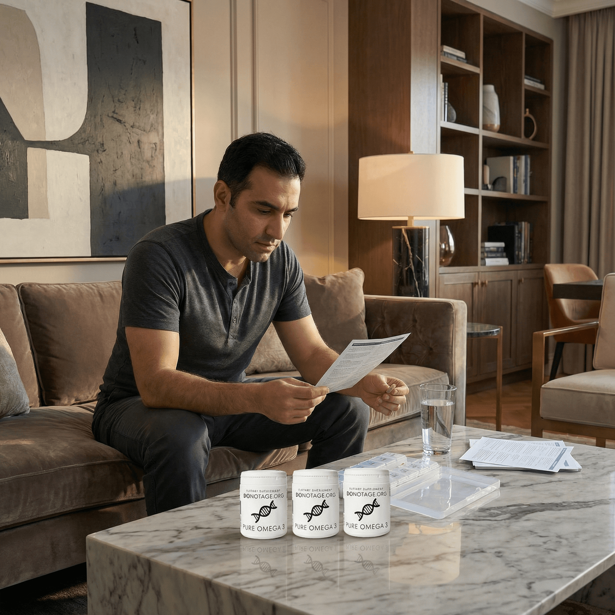 Middle Eastern man organizing weekly supplement stack with premium omega-3 and complementary products showing quality omega-3 supplements integration