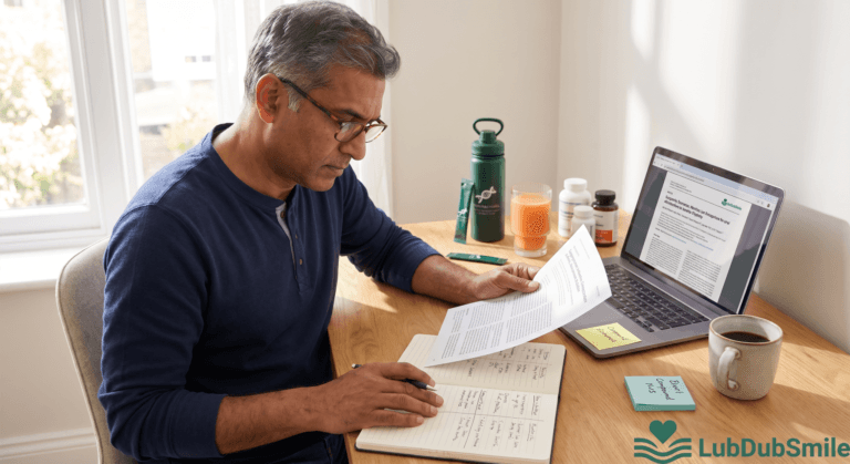 South Asian man at home desk comparing DoNotAge all-in-one review notes alongside supplement bottles and research articles in morning light