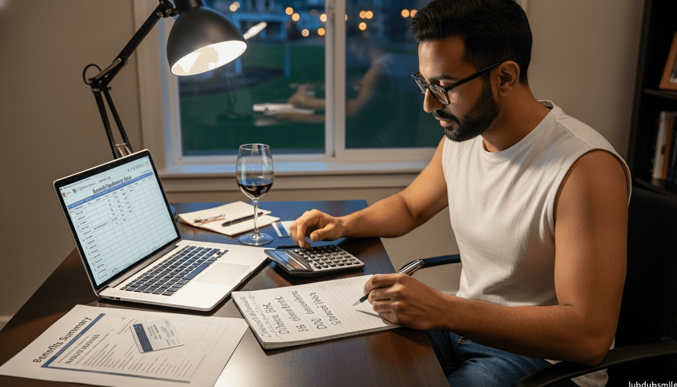 Man reviewing annual healthcare cost spreadsheet comparing concierge medicine vs traditional and DPC options with handwritten figures