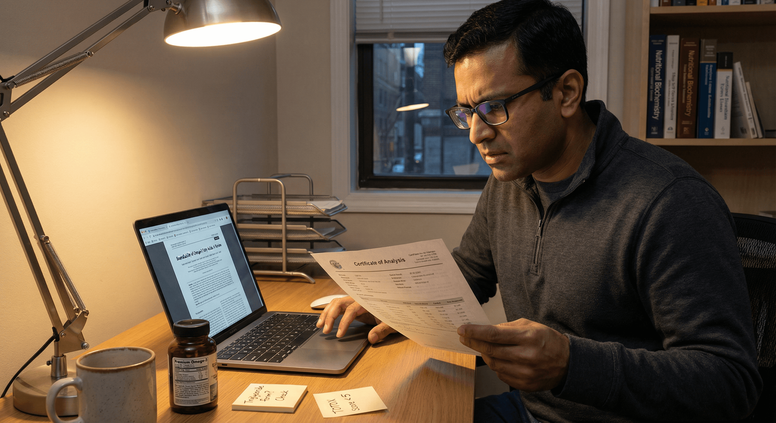 South Asian man reviewing Certificate of Analysis and bioavailability research to verify quality omega-3 supplements claims