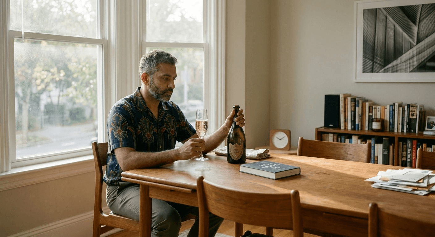 South Asian man at table for one staring at empty chair showing identity reorganization at the start of rebuilding your sense of self