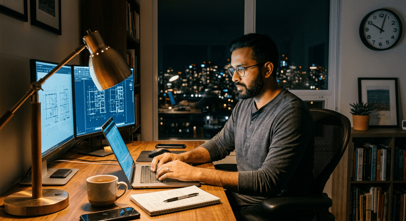 South Asian man working productively at desk late evening illustrating chronotype variation in morning routines of high performers myth