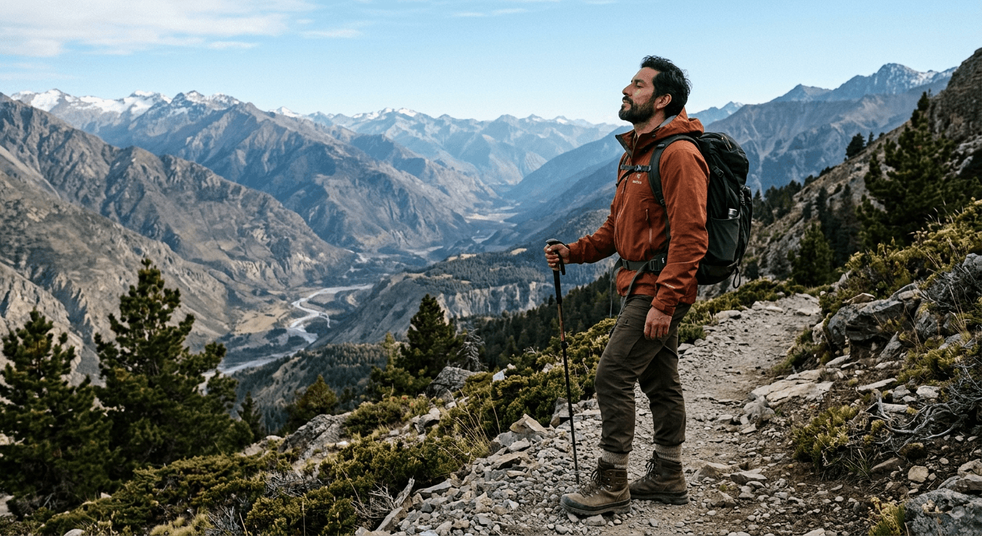 Latino man pausing on mountain trail looking at valley showing new experience as self-knowledge in rebuilding your sense of self journey