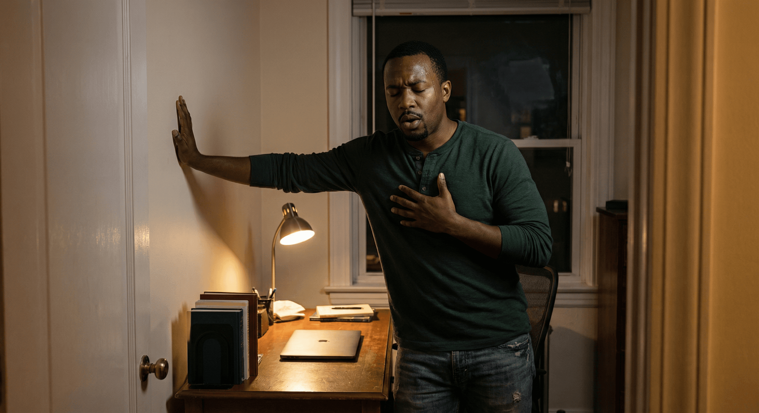 Black man in home office doing deliberate breathing with hand on chest showing active work to stop defensive behavior through regulation