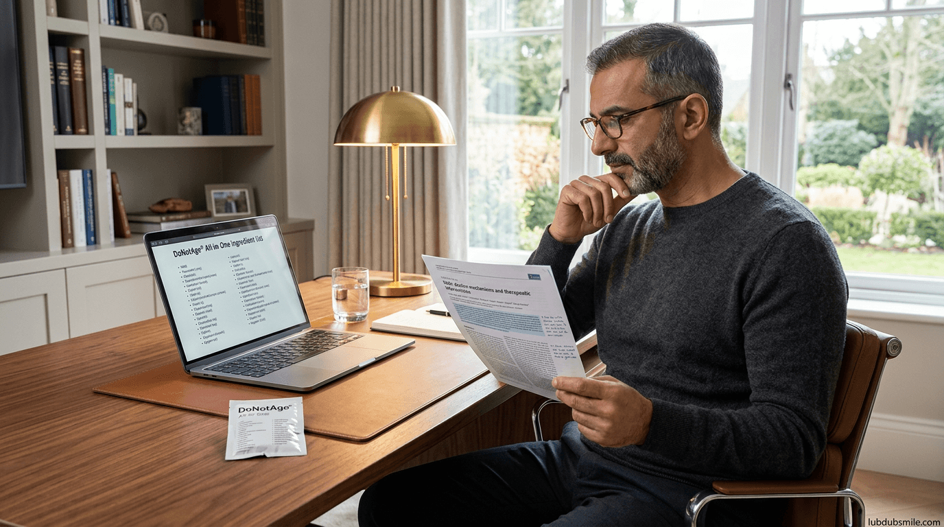 Man reviewing ingredient list and journal article to understand coverage within a longevity supplement protocol foundation