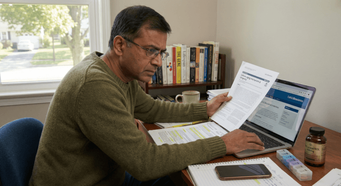 South Asian man reading printed research article about cellular health after 40 at desk with laptop and highlighted journal papers