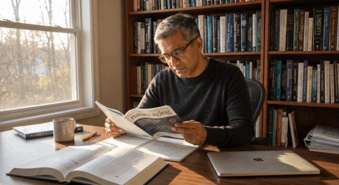 man-home-office-reading-nad-cellular-energy-research.jpg South Asian man reading scientific journal in home office showing evidence-focused engagement with NAD+ and cellular energy research