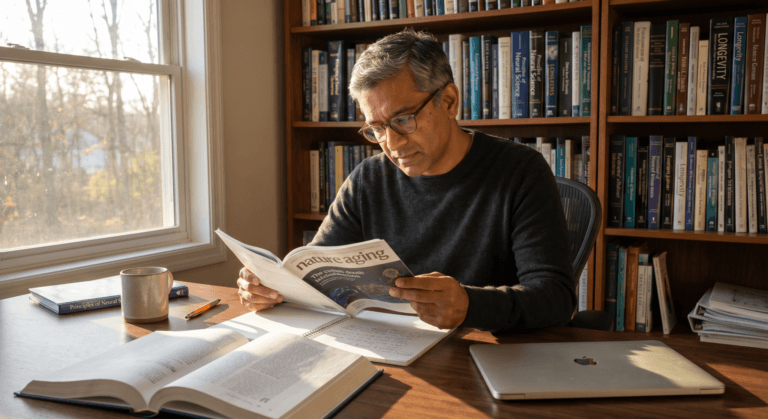 South Asian man reading scientific journal in home office showing evidence-focused engagement with NAD+ and cellular energy research