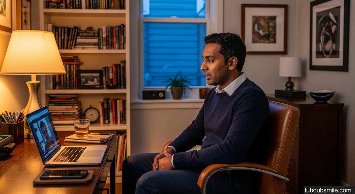 South Asian man in home study on personal device for confidential EAP video therapy showing privacy protection of employee mental health benefits