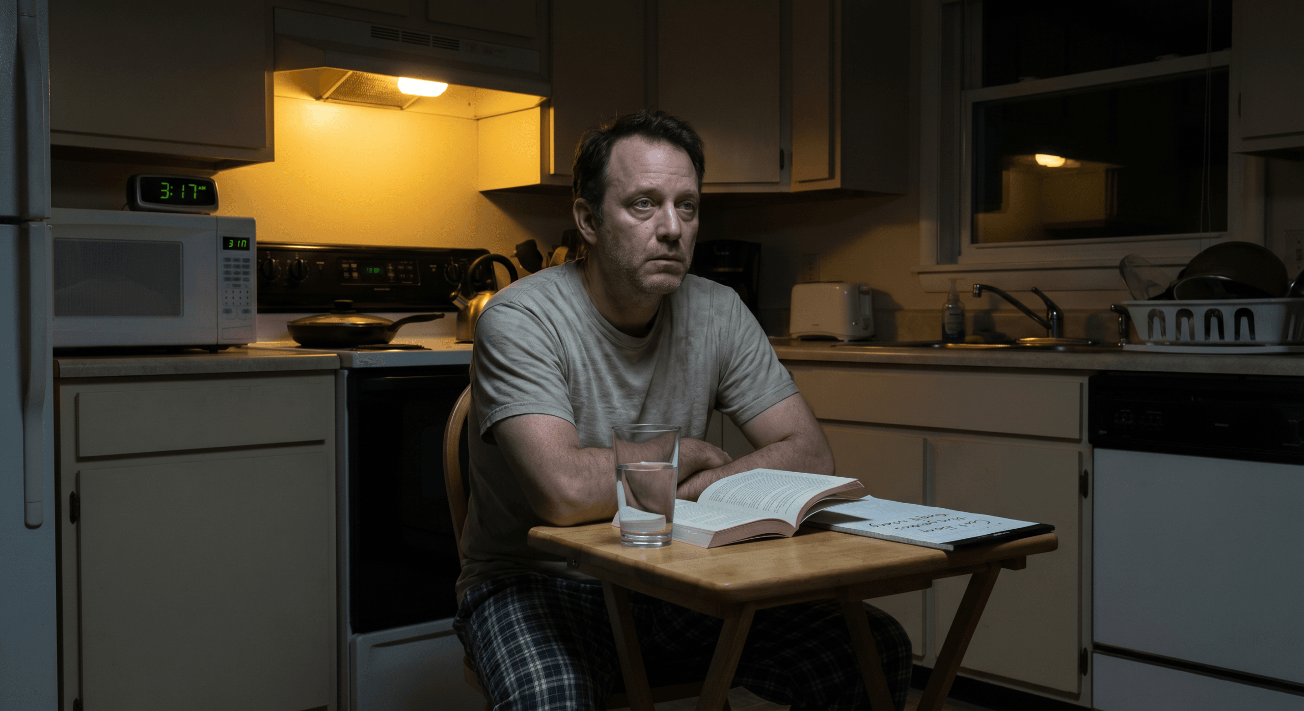 Man sitting in dim kitchen at 3AM following CBT-I guidance showing difficult reality of evidence-based sleep hygiene for anxious adults treatment