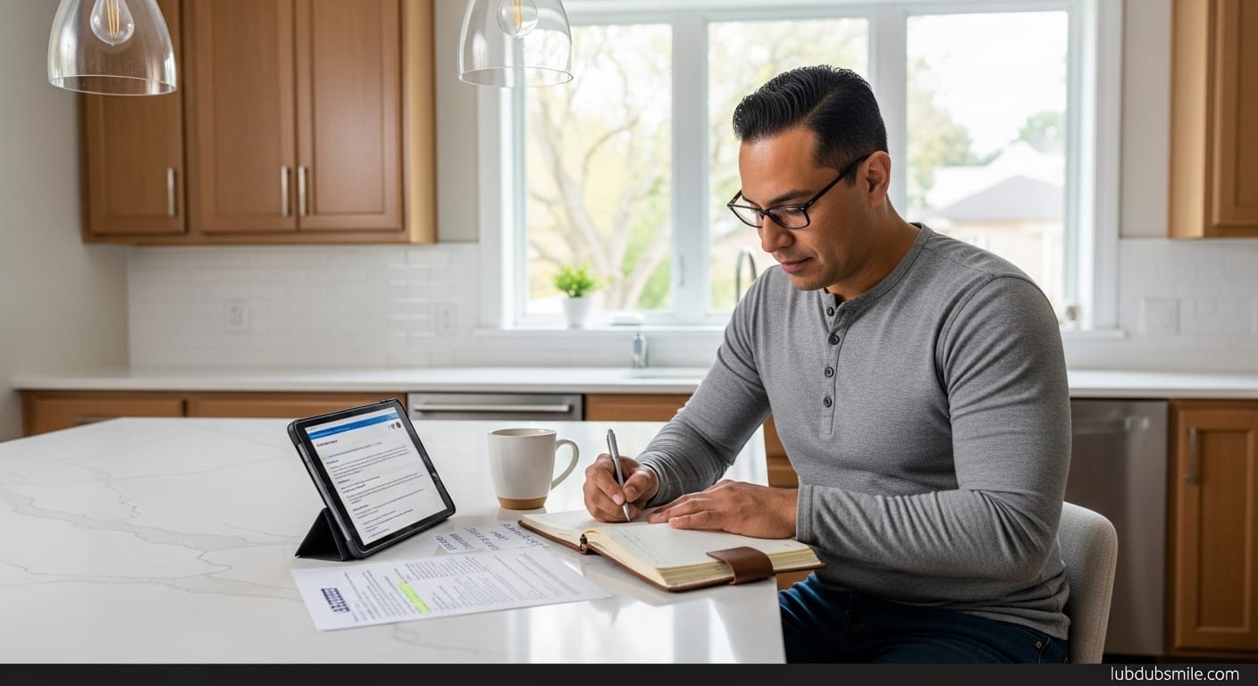 Latino man reviewing insurance benefits and EAP documents at kitchen island planning transition showing employee mental health benefits navigation