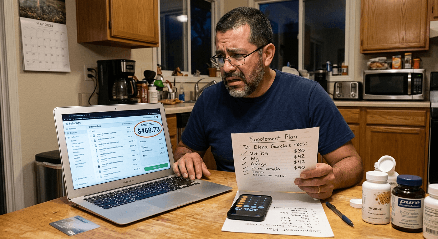 Latino man reviewing supplement shopping cart total with visible sticker shock showing cumulative financial reality of supplement stacking costs