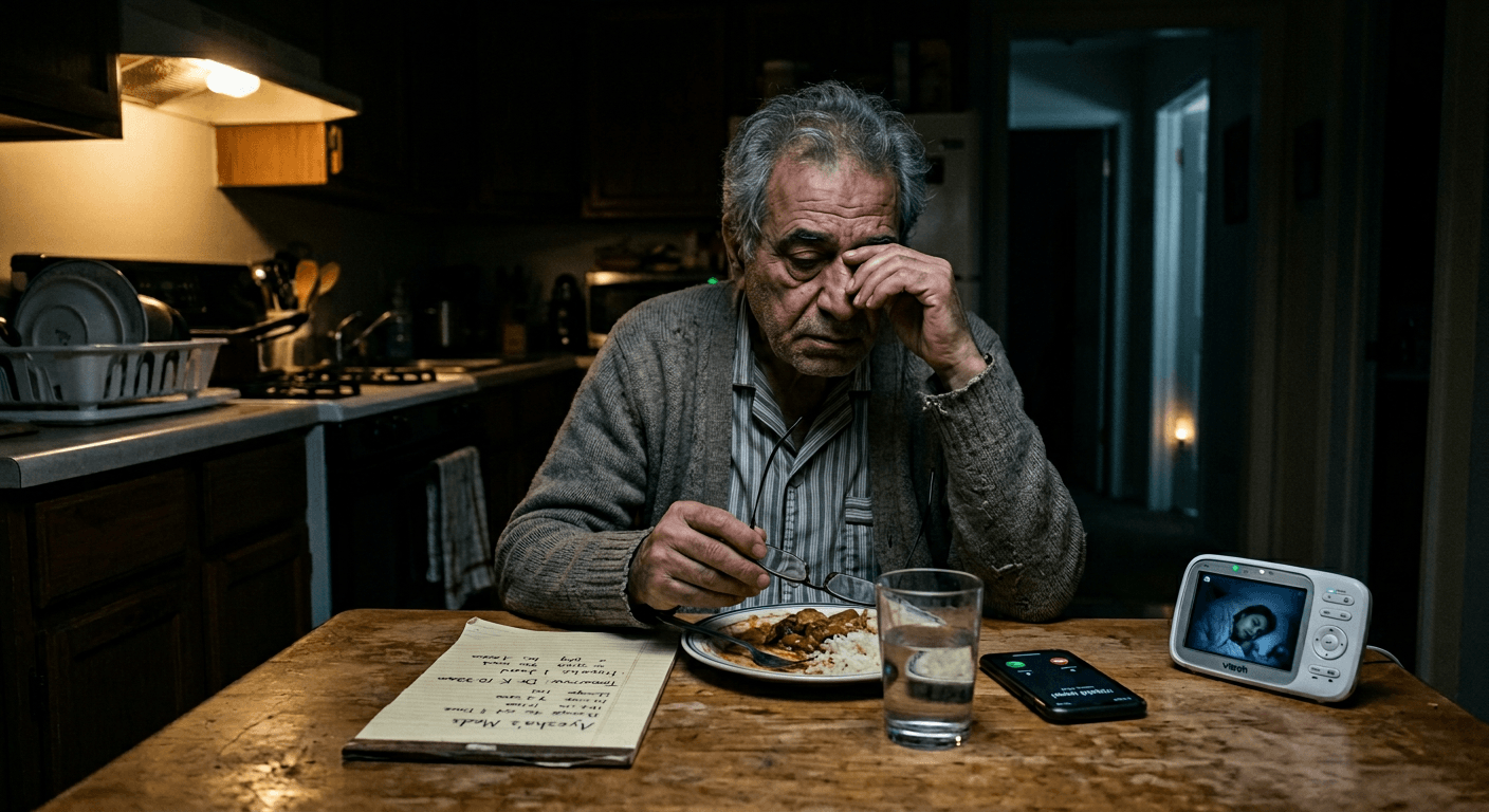 Older man alone at kitchen table late at night with baby monitor showing spousal caregiver burnout when aging as a couple through illness