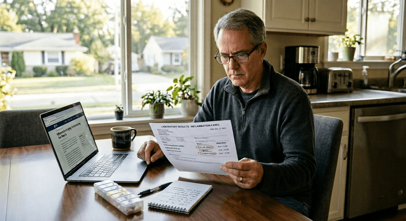 Man at kitchen table reviewing elevated inflammatory marker lab results showing quantified cellular health after 40 changes requiring clinical response