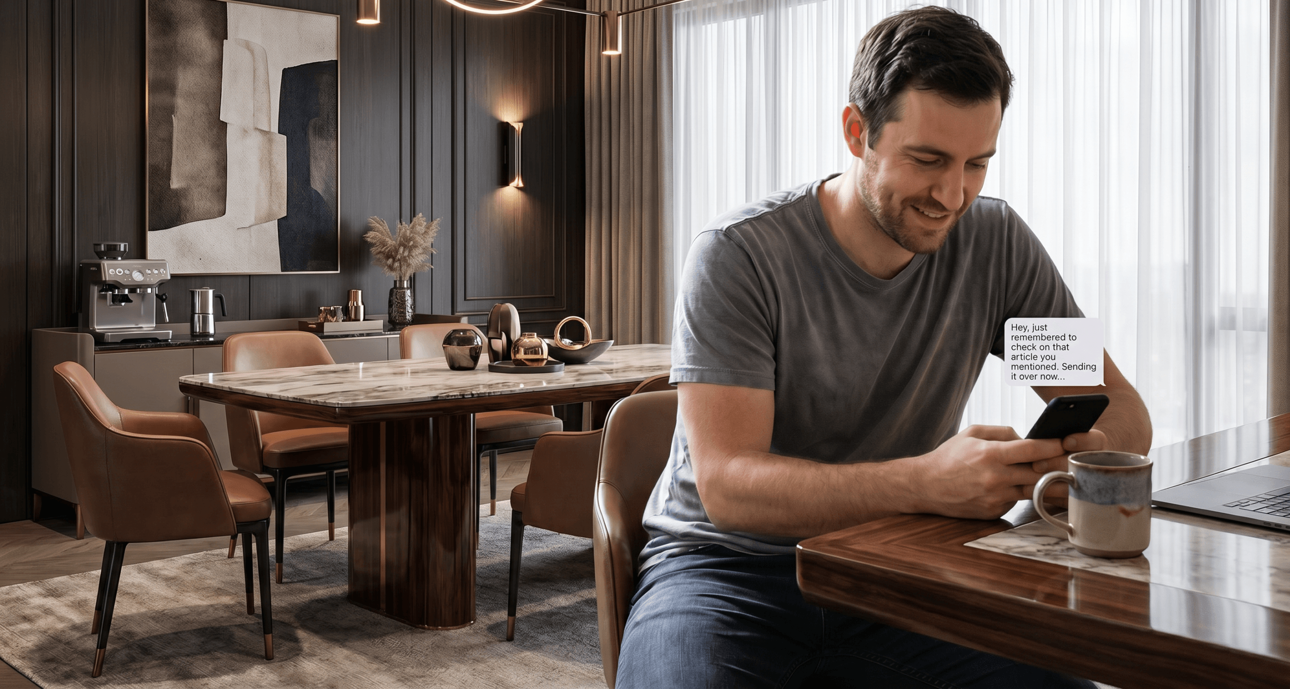 Man at kitchen table texting follow-through on previous conversation showing consistency as core green flag in a new relationship