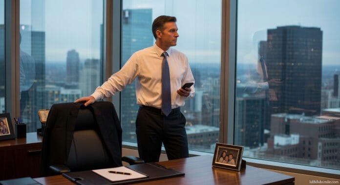 man-office-window-city-view-unguarded-reflection.jpg Man standing at high-rise office window at dusk with quiet distant expression showing high achievers emotional vulnerability in unguarded moment