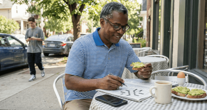 Black man eating simple breakfast at outdoor cafe doing crossword puzzle showing healthy aging without obsession in daily practice