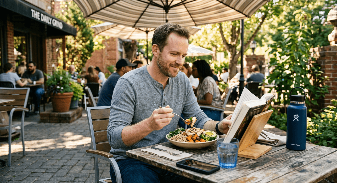 Man eating nutritious lunch at outdoor cafe with book showing sustainable balance approach to healthy aging in your 30s practices