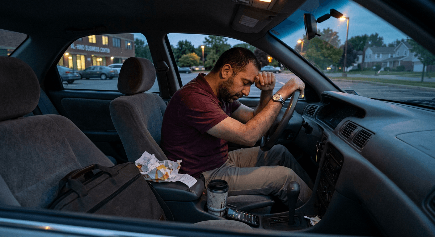Middle Eastern man gripping steering wheel in parked car after difficult workday showing chronic stress impact on cognitive performance optimization for tech professionals