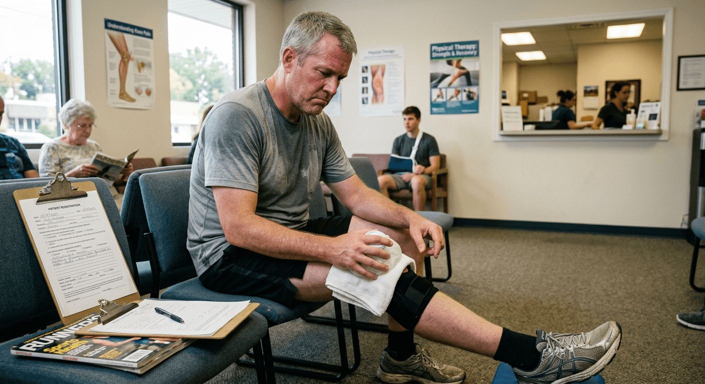 Man in sports medicine waiting room with ice pack on knee showing physical costs that prompt redefining strength after 40