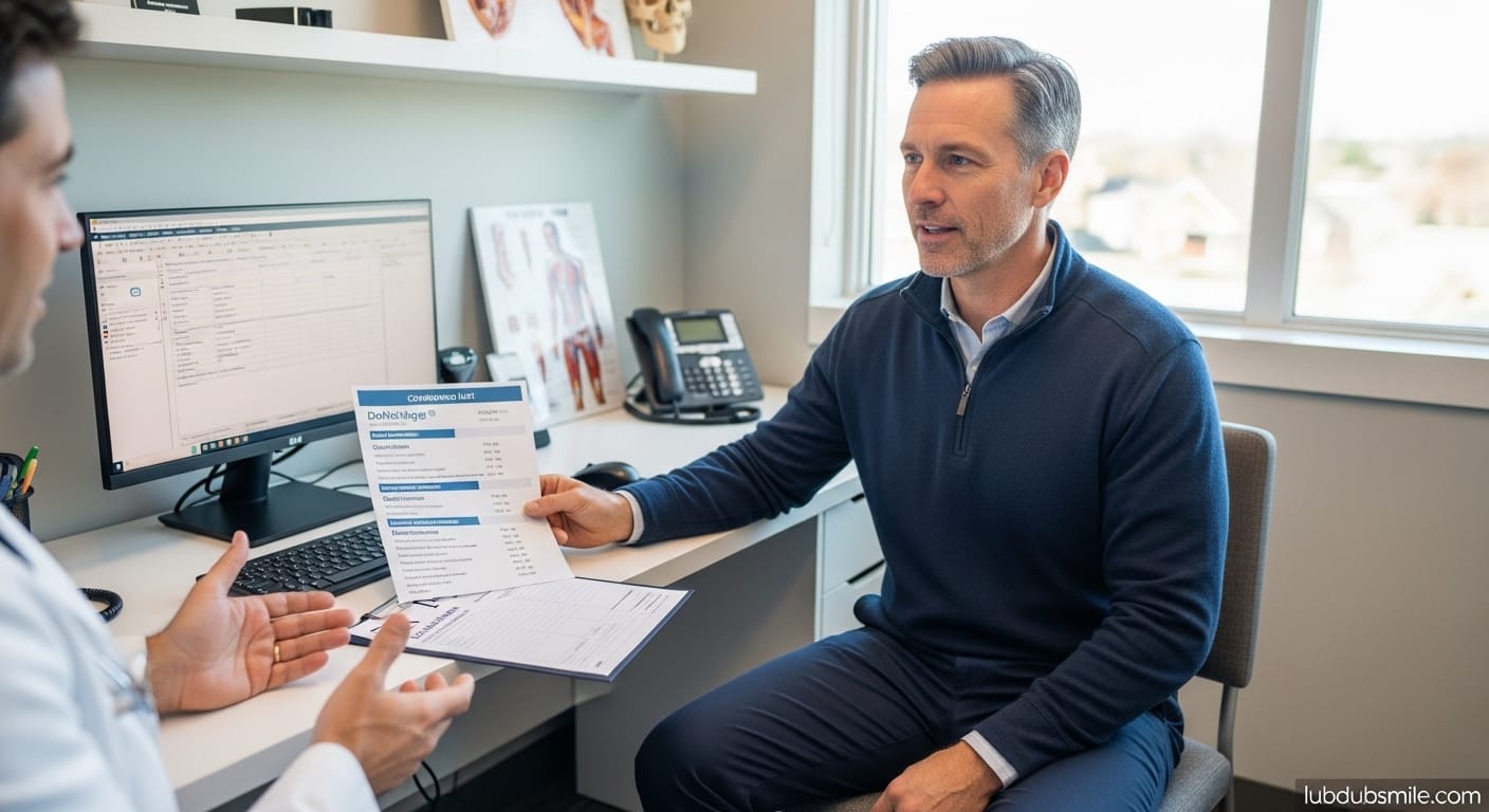 Man discussing supplement list with physician before starting a longevity supplement protocol