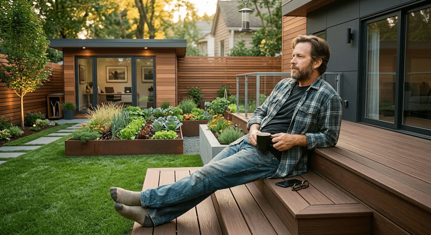 Man sitting on back porch with coffee doing nothing productive demonstrating genuine rest essential for cognitive performance optimization for tech professionals